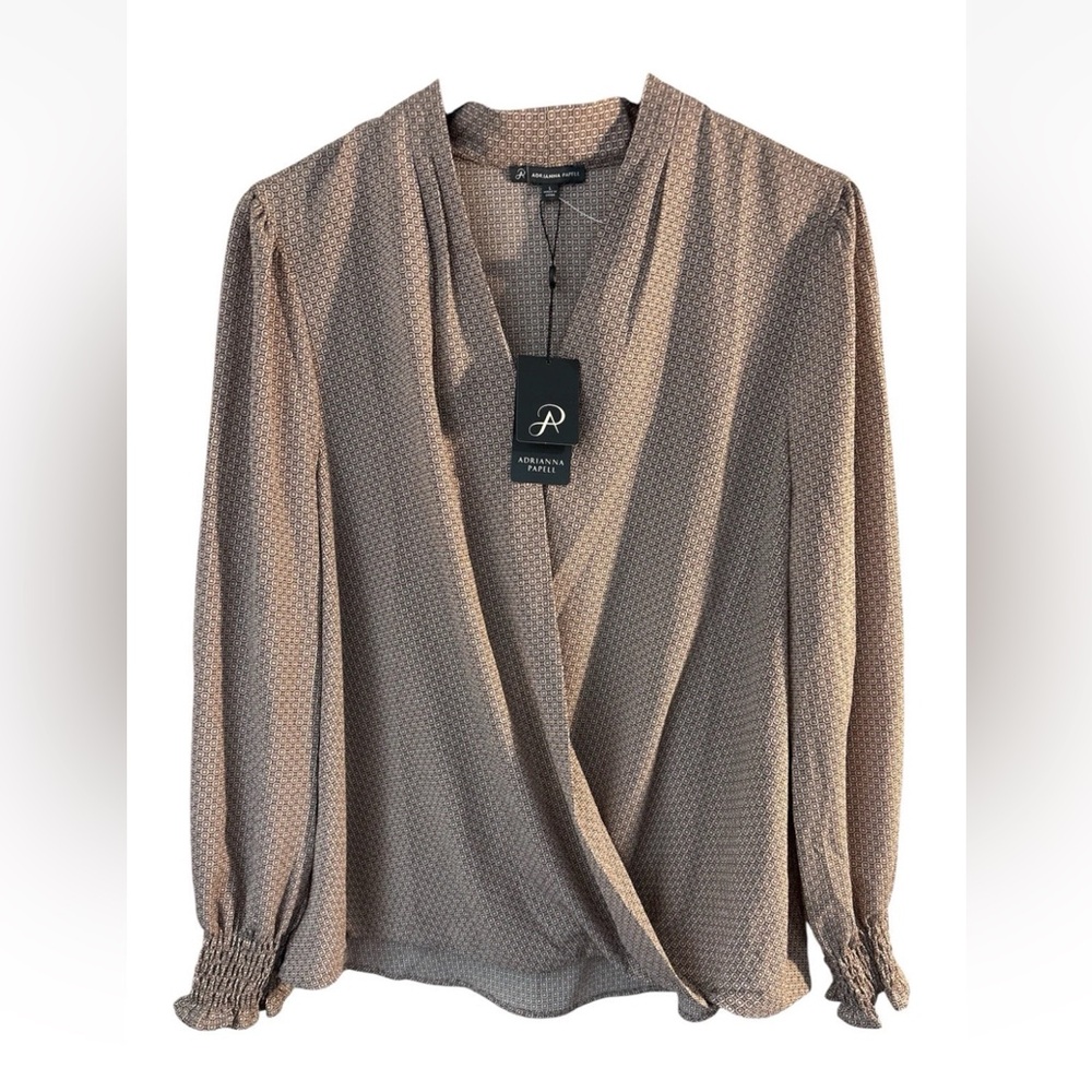 Adrianna Papell Taupe Geometric Wrap Blouse